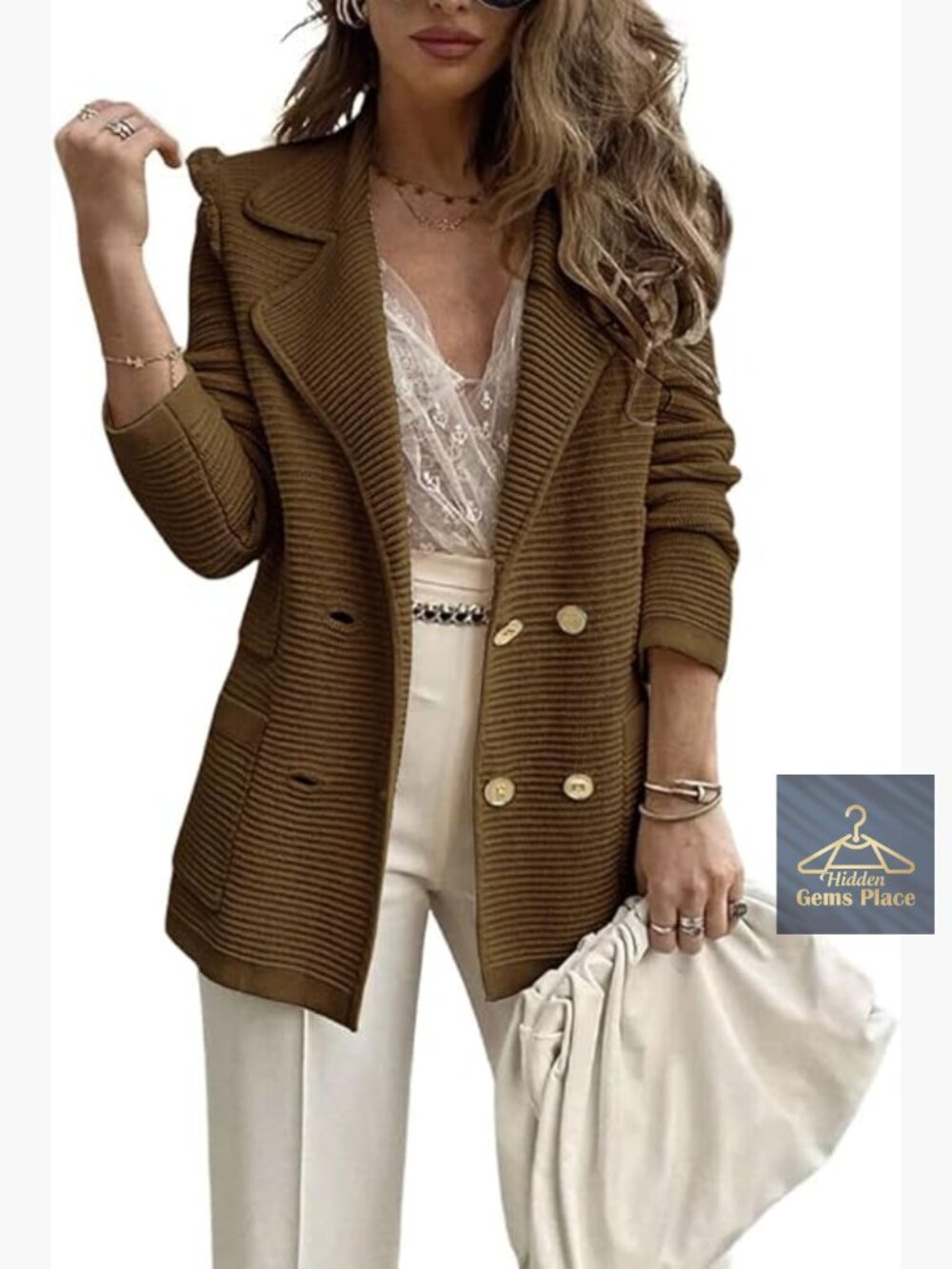 Women's Notched Lapel Double Breasted Ribbed Blazer Jacket